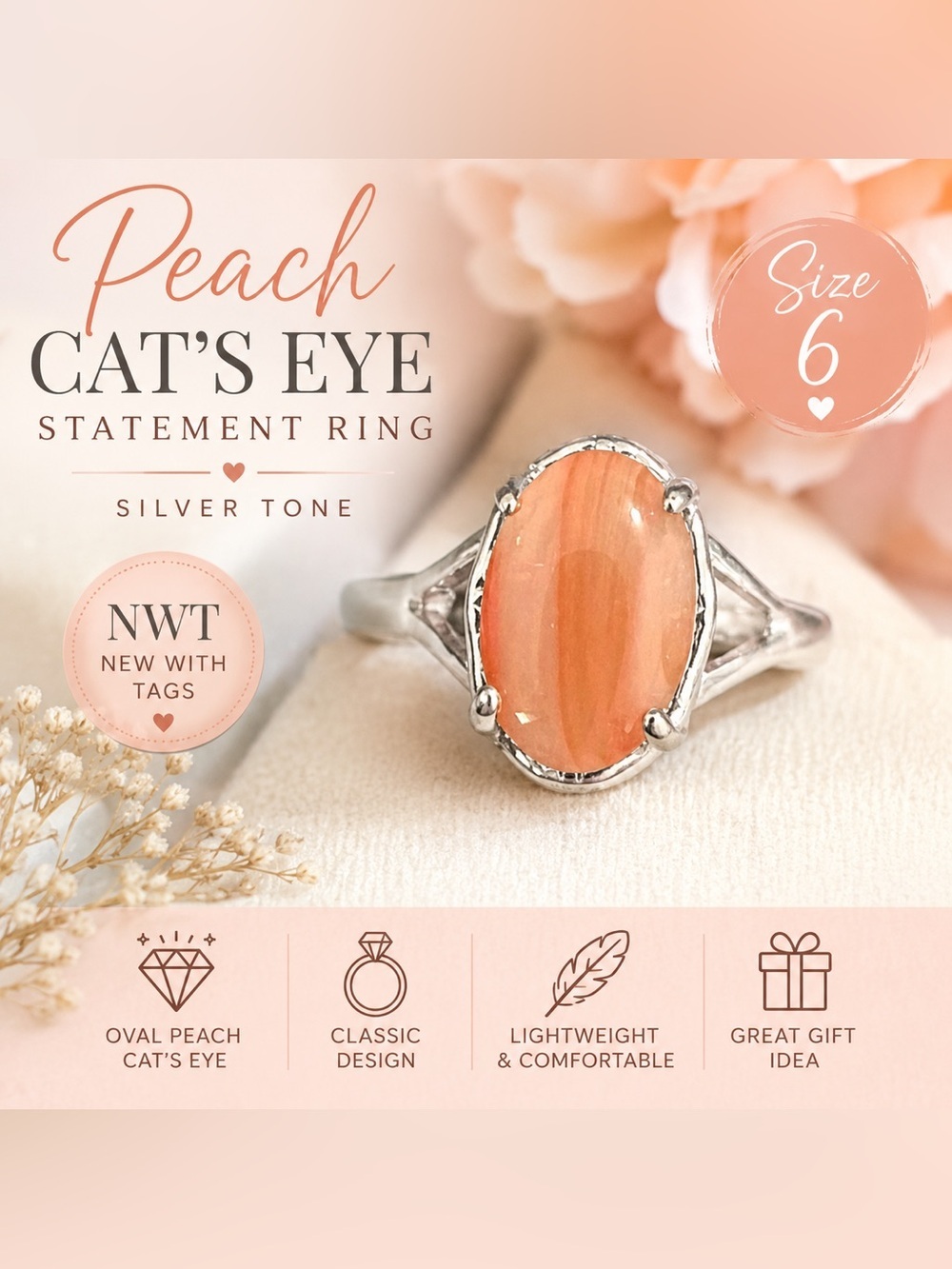 NWT Silver Tone Peach Cat’s Eye Oval Statement Ring Size 6